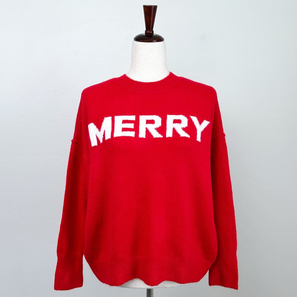 Vince Camuto Red Christmas Holiday Merry Knit Crewneck Oversized Sweater XS